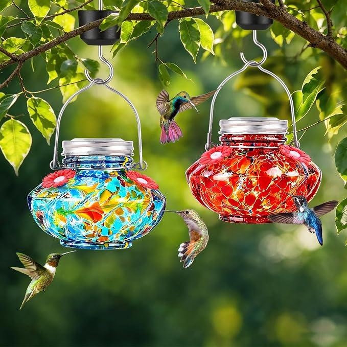BOLITE Hummingbird Feeders for Outdoors, Hand Blown Top Fill Hummingbird Feeder, Mason Jar with 4 Flower Feed Ports, Easy to Clean, Leak Proof, Bee Proof, Ant Moat, Red&Blue, Gift for Bird Lovers