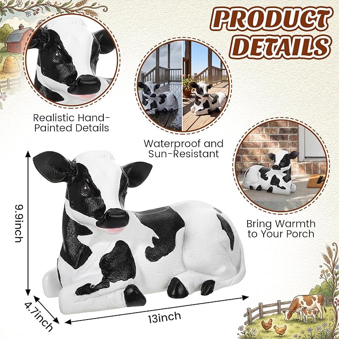 Wenqik Cow Porch Statue Small Cute Figurines for Porch, Resin Farmhouse Decor for Yard, Garden, Patio, Outdoor, Indoor