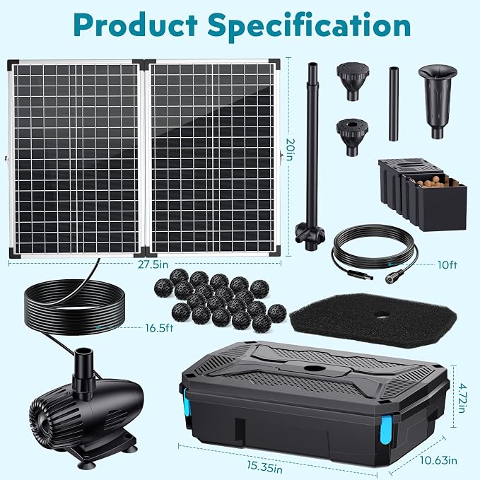 POPOSOAP 70W Solar Pond Filter with Fountain Pump, Solar Powered Water Pump with 580GPH Pond Filter for Outdoor Ponds, Adjustable Diverter Valve for Koi Ponds, Waterfalls, Garden Water Features P37039