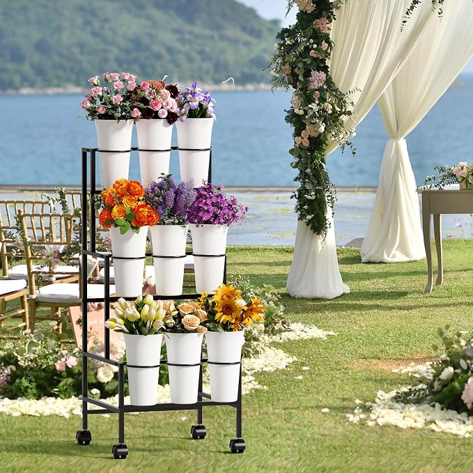 Flower Display Stand with 9 Buckets，3 Tier Metal Flower Cart Display Stand with Wheels, Flower Bar Stand for Garden Flower Shop Indoor Outdoor Wedding Party Decor