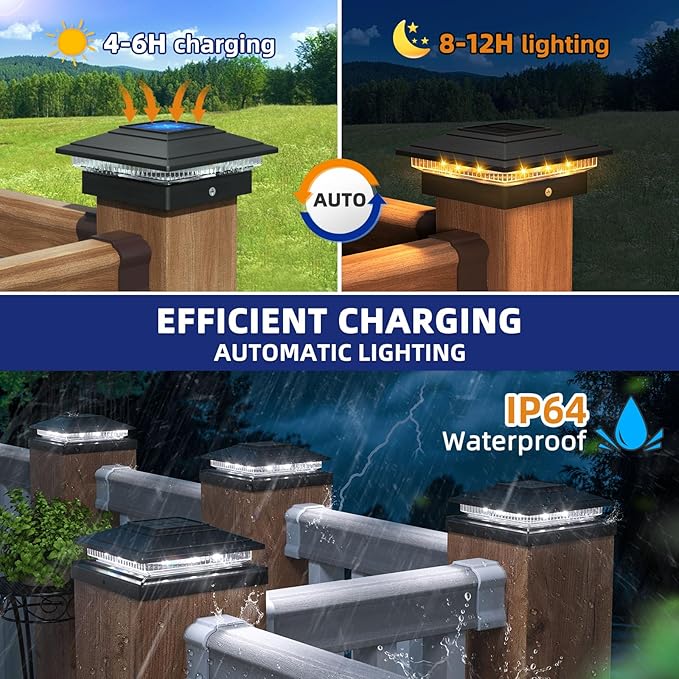 APONUO Solar Post Cap Lights 12-Pack, Black IP64 Waterproof 16 LED Fence Post Solar Lights for 4x4 5x5 6x6 Wood/Vinyl Posts, 2-Mode Deck Post Lights Solar Powered, 10-Hr Lighting for Patio Yard Porch