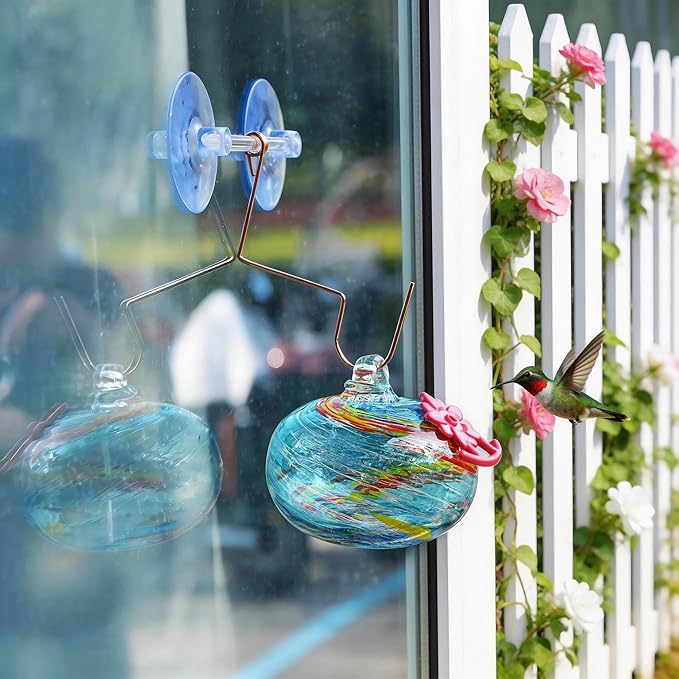 QFkris Blown Glass Hummingbird Feeder with Suction Cups for Window, Small Hummingbird Feeder with Flower Feeding Ports for Outside Garden Backyard Decor, Gifts for Women Mom(Blue)