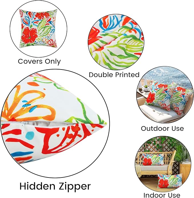 Merrycolor Pack of 2 Outdoor Waterproof Throw Pillow Covers 18x18 Floral Decorative Square Pillowcase Outdoor Pillow Covers for Patio Furniture Garden