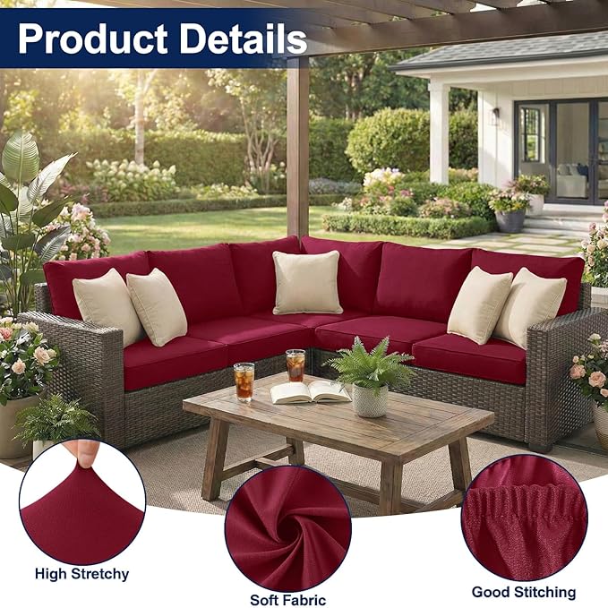 Smiry Waterproof Patio Cushion Covers, Stretch Outdoor Couch Slipcovers Replacement Washable Furniture Protector Sofa Chair Seat Cover for Dogs and Pets (4 Pcs, Wine Red)