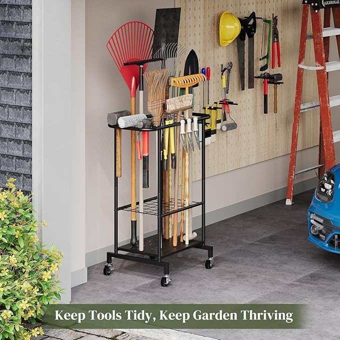Garden Tools Organizer Rack, Yard Tool Rack with Wheels, Heavy Duty Steel Yard Tool Organizer and Storage Holder Broom Holder for Shed, Patio, Outdoor (Rack with Wheels)