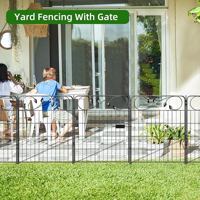 FOREHOGAR Decorative Metal Garden Fence 30in(H) X16ft(L) 1 gate+7 Panels Temporary Dog Fence Border for Landscape Patio Outdoor with gate, No dig Garden Fencing Gates for Yard