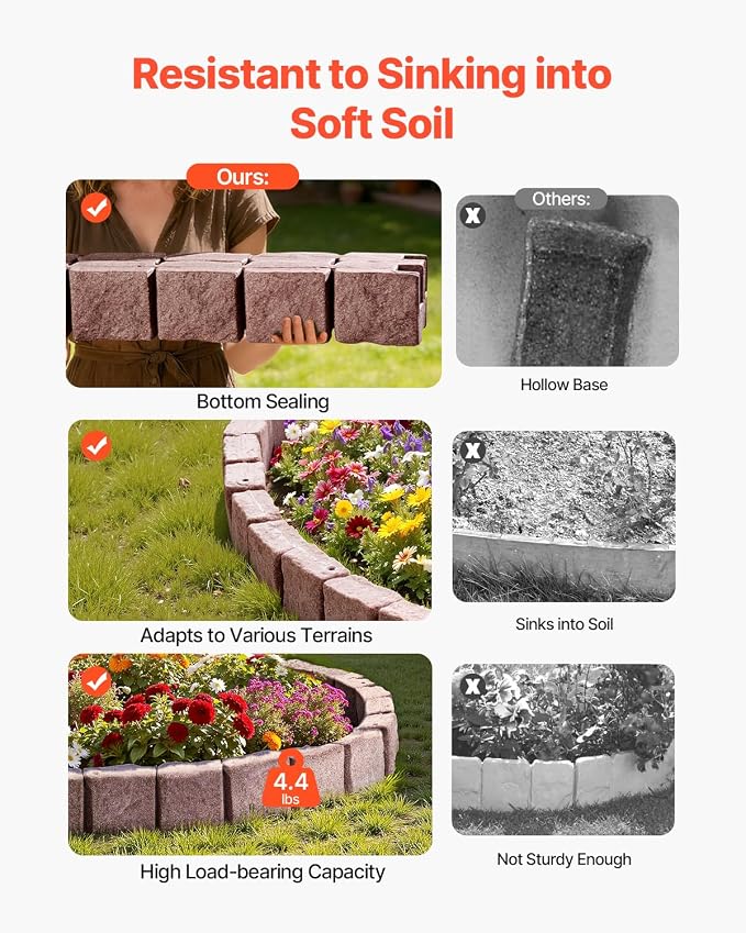 VEVOR Faux Stone Landscape Edging, 46.8" x 3.9" Realistic Lawn Edging with Anchoring Spikes, Flexible Brick-Sized Garden Border, Fade-Resistant Yard Garden Stone Border for Driveways Walkway, Brown