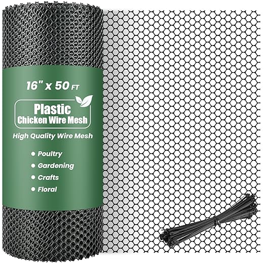 Toolterritary Plastic Wire Mesh,16IN x 50FT Chicken Wire Fencing for Floral Arrangements, Chicken Wire Mesh for Crafts with 100 Pcs Zip Ties,Gaden Netting for Dogs, Deers, Poultry