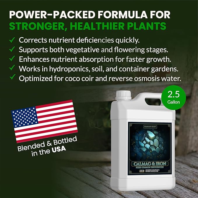 Humboldts Secret CalMag & Iron | Calcium, Magnesium & Chelated Iron Nutrient Fertilizer | Hydroponic Supplies for Vegetative & Flowering Growth in Soil, Coco, Hydroponics or RO Water | 2.5 Gallon