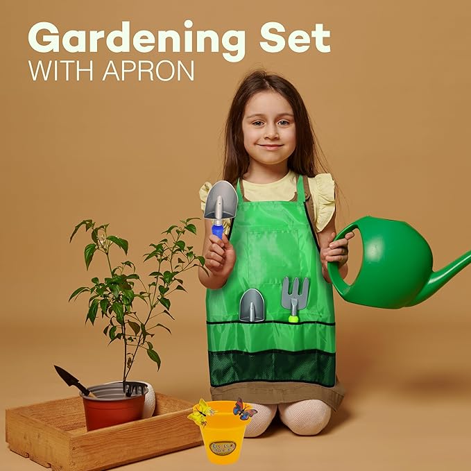 4E's Novelty 15 Piece Gardening Tools & Wagon Toy Set with Plastic Wheelbarrow, Apron, STEM Pretend Play Outdoor Toy for Toddlers Kids Boys Girls
