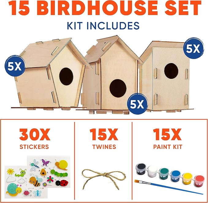 CRAFTY HAPPITOYS Birdhouse Kit - 15 Unfinished Wood Bird Houses for Children to Paint - Wood Craft Project Kits for Kids - Wooden Arts & Craft for Girls & Boys