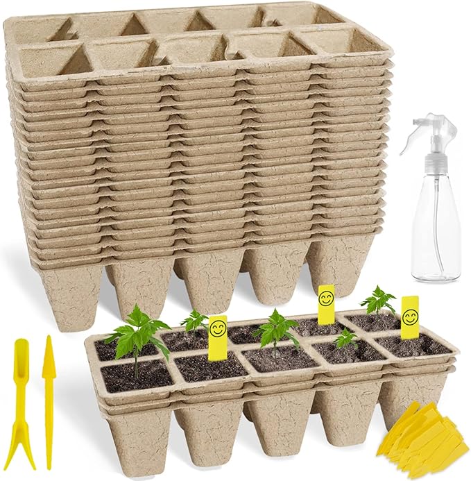 SYITCUN 200 Cells Seed Starter Tray, 20 Pack Biodegradable Seed Starter Kit, Peat Pots for Seedlings with 200 Plant Labels, 2 Seed Planting Tool and 1 Spray Bottle