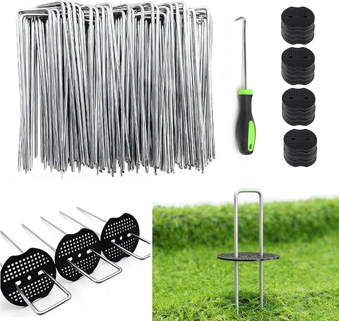 10 Inch 200 PCS Galvanized Landscape Staples with 200 PCS Gasket, Landscape Fabric Pins Stakes Lawn Ground Cover Graden Staples Spikes Weed Barrier Stakes
