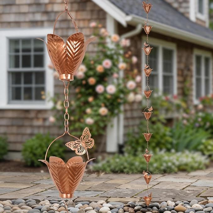 Topadorn Butterfly & Flower Rain Chain, 8.7 FT Copper Finish Metal Rain Chain for Gutters, Decorative Downspout Alternative for Garden, Patio & Yard Decor