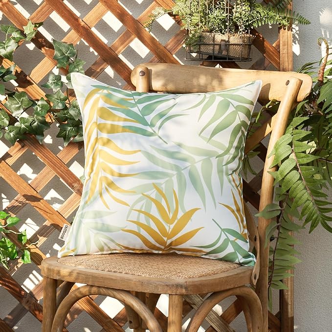 MIULEE Pack of 2 Decorative Outdoor Waterproof Throw Pillow Covers Patio Pillow Cases Natural Leaves Pattern Spring Square Cushion Shams Shell for Garden Balcony Couch 16x16 Inch, Green&Yellow