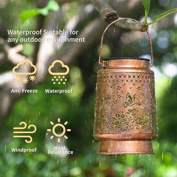 Butterfly Solar Colorful Lanterns Outdoor Waterproof Hanging, Gifts for Mom Grandma Women, Automatic Color Changing Light, Metal Decor Lanterns for Garden Patio Yard Lawn Backyard