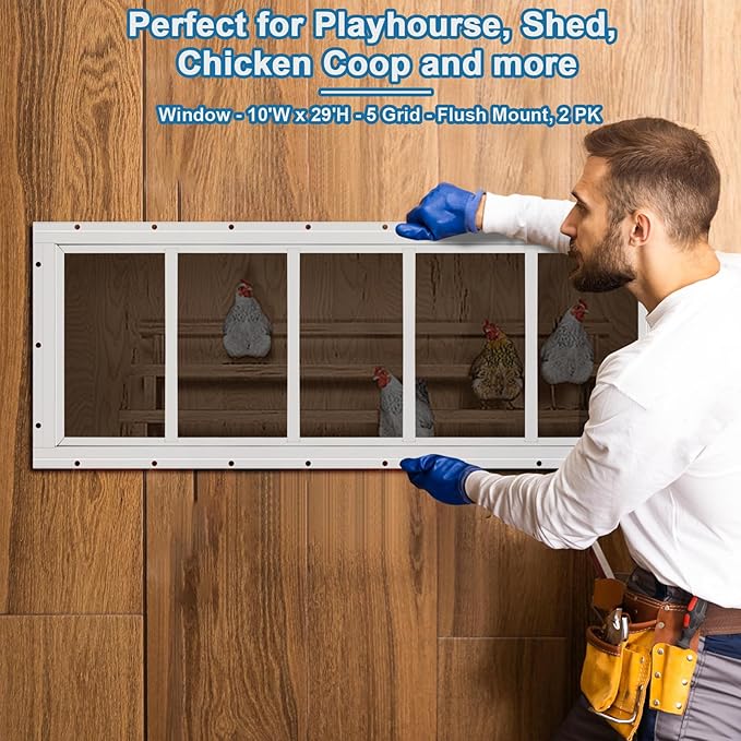 2 Pack Shed Window 10" W x 29" H, White Flush Mount Window with Tempered Glass for Playhouses, Sheds, Garage and Chicken Coops