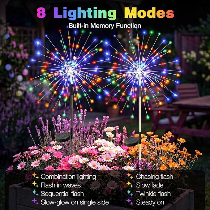btfarm 2 Pack Solar Garden Lights Outdoor 8 Modes, 120 LED Firework Lights Solar Powered, Waterproof Twinkle Fairy Light Outside for Yard Pathway Lawn Pool Patio Christmas Decorative, Multicolor
