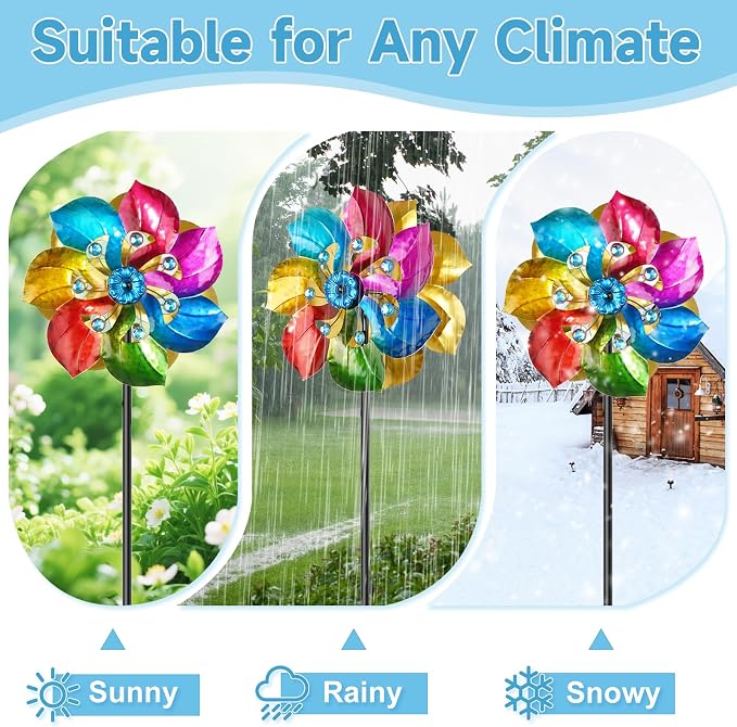 Double Sided Wind Spinner Outdoor Metal Wind Sculpture with Adjustable Height Pole & 5 Prong Base, Rainbow Floral Kinetic Wind Art Decor for Yard Garden Lawn Patio Outside Decoration