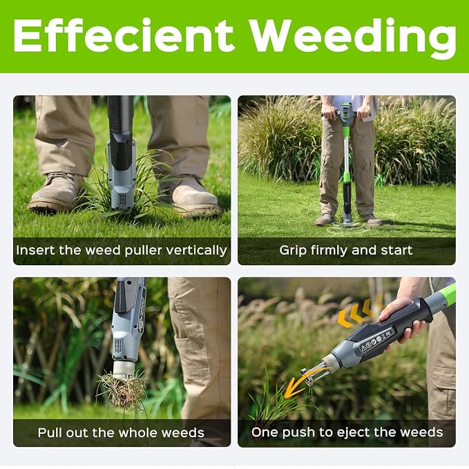 Weed Puller Tool, 21V Powerful Garden Tools Electric Weeding Tool with 2.0Ah Battery and Charger, Gardening Tools Weeder Tool with 3-Claw Steel Head for Smooth Weeding, Gifts for Men Women