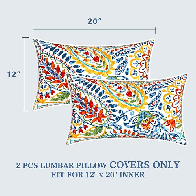 LVTXIII 2 Pack Outdoor Lumbar Pillow Covers 12x20 Inch with Piping, Water-Repellent Back Cushion Covers ONLY for Patio Furniture, Sofa, Garden Bench, Paisley Multi