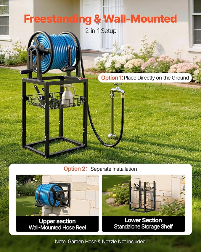 VEVOR Freestanding Garden Hose Reel, Holds 125 Feet of 5/8-inch Hose, Wall Mount or Ground Mount, Detachable Holder Stand with Storage Rack, 5 ft Leader Hose, Brass Fitting, 4 Spikes, for Backyards