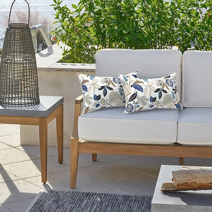 LVTXIII 2 Pack Outdoor Lumbar Pillow Covers 12x20 Inch with Piping, Water-Repellent Back Cushion Covers ONLY for Patio Furniture, Sofa, Garden Bench, Breeze Leaves Beige