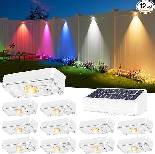 JOFIOS Solar Fence Lights Outdoor, 12 Pack, 50LM Ultra Bright, 10 Colors & 12 Lighting Modes Solar Deck Lights, IP65 Waterproof, Dusk-to-Dawn Solar Powered Fence Light for Patio, Railing (White)
