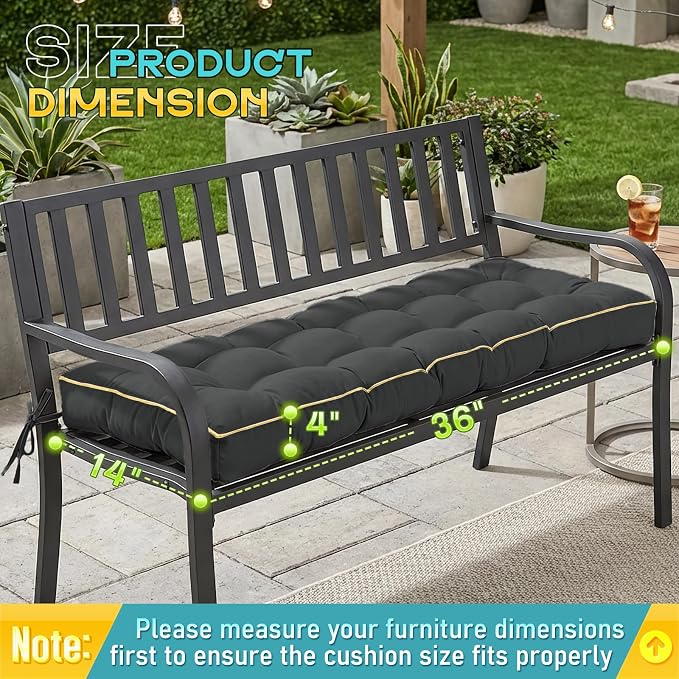 Outdoor Bench Cushion, Tufted Patio Seat Pad for Garden Bench, Porch Swing, Indoor/Outoor Furniture (Grey, 36X14X4 inch)