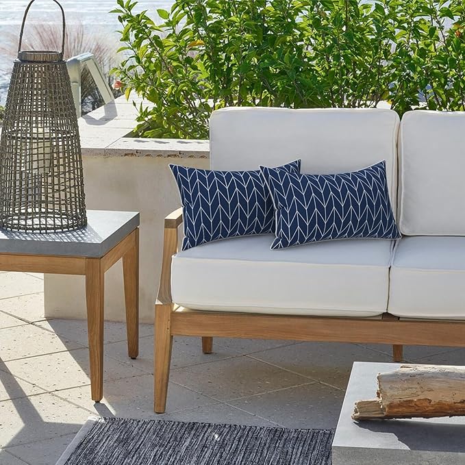 LVTXIII 2 Pack Outdoor Lumbar Pillow Covers 12x20 Inch with Piping, Water-Repellent Back Cushion Covers ONLY for Patio Furniture, Sofa, Garden Bench, Herringbone Navy