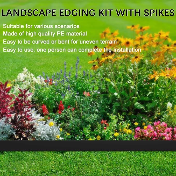 Landscape Edging, 66FT Plastic Garden Edging Border with 100 Pcs Metal Spikes, 3 Inch Tall Flexible Tool-Free Lawn Edging for Flower Bed, Yard, Paving, Pathway