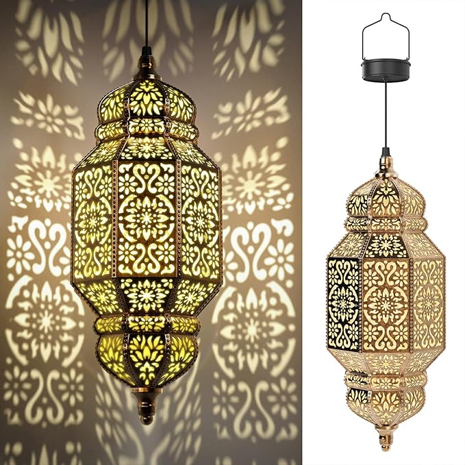 Twinkya 18 Inch High Large Hanging Solar Lights Outdoor Garden Decorative Solar Lantern Waterproof Plastic Moroccan Outdoor Decorations for Patio Pathway Yard Porch Backyard Garden Decor (1 Pack)