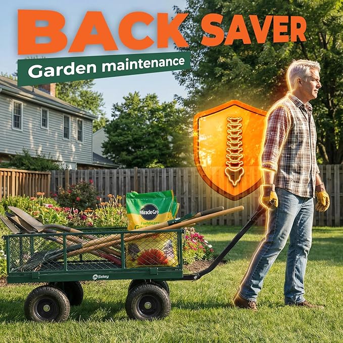 Sekey 1000lbs Heavy Duty Steel Garden Cart for Yard & Farm, Utility Wagon with Removable Sides (Convert to Flatbed), 10" Rubber Tires, Green
