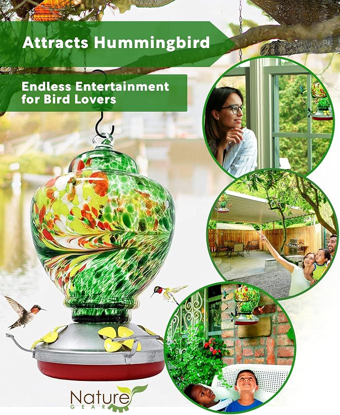Nature Gear Glass Hummingbird Feeder for Outdoors, Hanging Bird Feeder with Ant Moat, Hand-Blown Glass Garden Feeder, Easy Clean Wide Mouth, Rust Resistant, 38 oz, Emerald Green