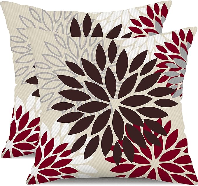 DFXSZ Red Brown Flower Pillow Covers 20x20 Inch Set of 2 White Gray Colored Throw Pillows Outdoor Waterproof Decor for Living Room Sofa Patio Funiture Garden Floral Polyester Pillow Covers 002L20