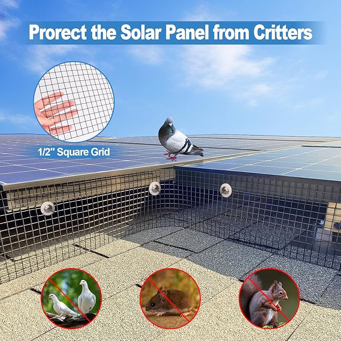 INCIKITI Critter Guard for Solar Panel Bird-Guard 6in x 100ft PVC Coated Pigeon Netting 1/2" Bird Mesh with 100 Fastener Clips, 20 Tie Wire, Cutting Scissor, Gloves, Pigeon Solar Panel Mesh for Bird