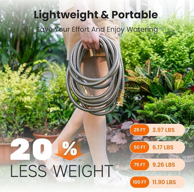 Giraffe Tools Garden Hose 100ft x 5/8", 304 Stainless Steel Metal Water Hose, No Kink Garden Water Hose with 9 Pattern Spray Nozzle, Flexible, Lightweight, Kink Free Hose for Yard, Outdoor