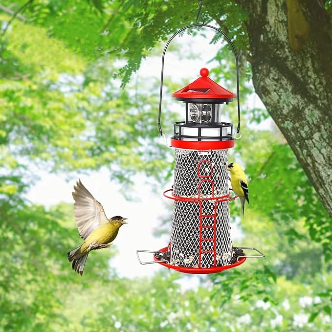 Solar Lighthouse Bird Feeder with Rotating Beacon - 14" Hanging Best Birdfeeder Gifts for Bird Lovers(Apple Red).