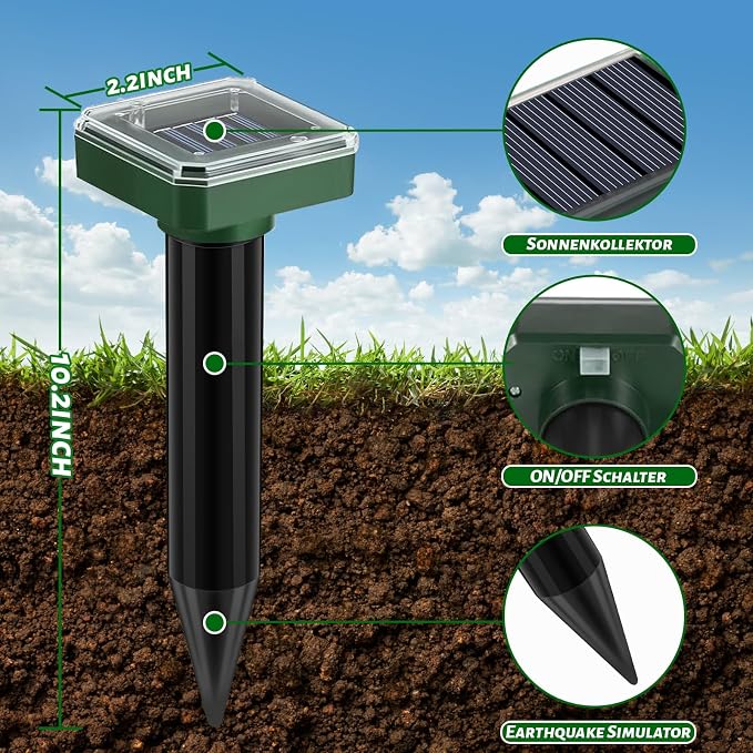 Solar Powered Ultrasonic Mole Repellent 10 Pack, IP44 Waterproof Outdoor Sonic Spikes for Snakes, Gophers, Voles, Groundhogs - Effective Deterrent for Lawns, Gardens, Yards & Farms