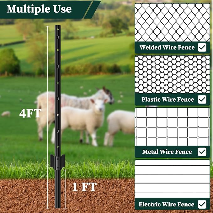 10 Pack Metal Garden Fence Posts 4 FT Black – Heavy Duty U-Post for Wire Fencing, No-Dig Fence Stakes for Temporary Fencing, Corner Anchor Posts, Rustproof Powder-Coated Steel for Farm, Yard & Garden