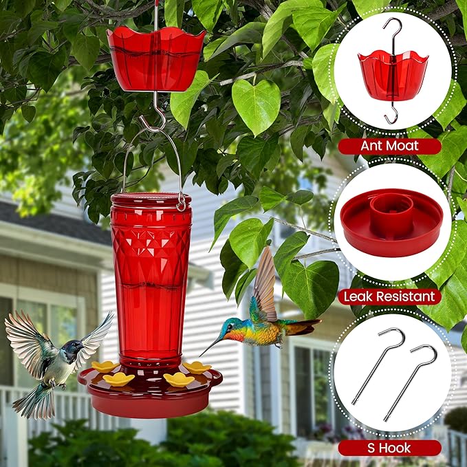 Zamelane Glass Hummingbird feeders for Outdoors 2pack-14Ounces，5 Feeding Ports Hummingbird Feeder,Wide Mouth for Easy Filling/Cleaning，Hanging for Garden Backyard Decor, Includes Ant Moat (Red，2Pack)