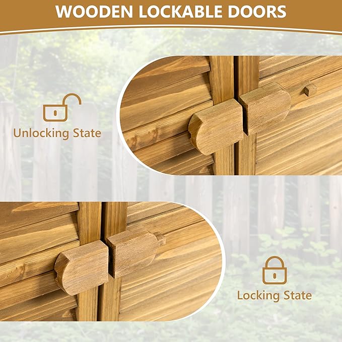 YOPTO Outdoor Wood Storage Cabinet,Garden Shed Tool with Lockable Door and Waterproof Roof,Backyard Building w/ 2 Removable Shelves & Adjustable Feet,for Lawn Patio,34.25" L x 18.5" W x 63" H,Natural