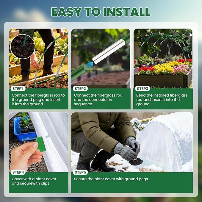 10x33FT Plant Covers Freeze Protection Kit, Garden Hoops Winter Kit, Frost Blankets for Outdoor Plants, Raised Bed Snow Protection, Reusable Winter Row Cover for Greenhouses