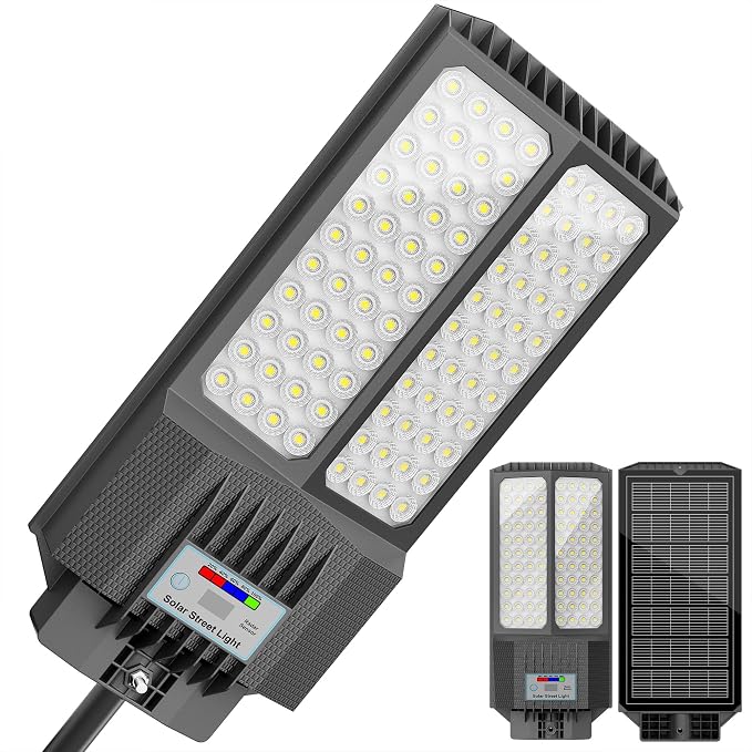 Solar Street Light with Pole, Solar Street Lights Outdoor Waterproof Dusk to Dawn 7000K LED Security Flood Light with Motion Sensor and Remote Control for Pathway, Entryway & Yard