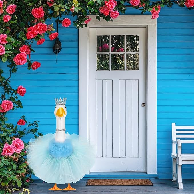 4 Pcs Princess Porch Goose Outfit for 23" 17" Cement Lawn Goose Costume Crown Necklace Tutu Skirt Feather Trim for Princess Outdoor Garden Lawn Art Decor(Blue)