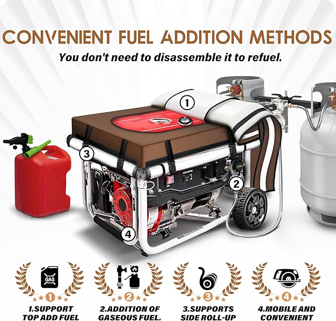 Running Generator Cover. 32"L×24"W×24"H Generator Cover, Top Can Be Opened for Refueling, 900D+210D Heavy Duty Waterproof, PVC Transparent Visual Operation Window, Coffee
