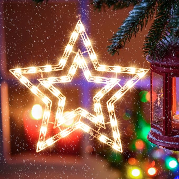 Christmas Window Silhouette Lights, Lighted Star Double Sided Decorations with 50 Count Incandescent Mini Light, for Holiday Indoor Wall Door Glass Decor