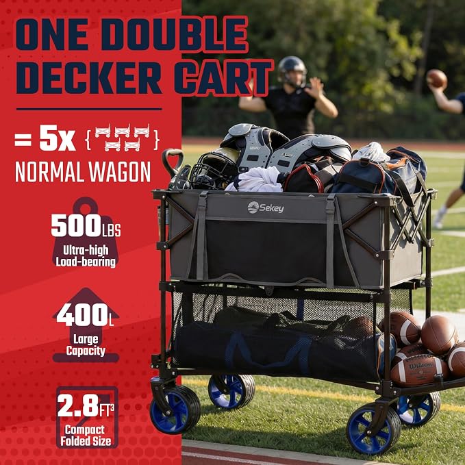 Sekey 500LBS Heavy Duty Double Decker Wagon with Extender, 400L Large Capacity Collapsible Garden Cart Fits 10x10 Canopy, All-Terrain Big Wheels with Brakes, Foldable Utility Wagon for Sports, Camping