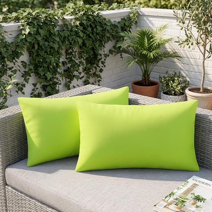 Lewondr Waterproof Outdoor Throw Pillow Cover, 2 Pack Solid PU Coating Lumbar Throw Pillow Case UV Protection Garden Cushion Cover for Patio Sofa Couch Balcony 12"x20"(30x50cm), Fluorescent Green
