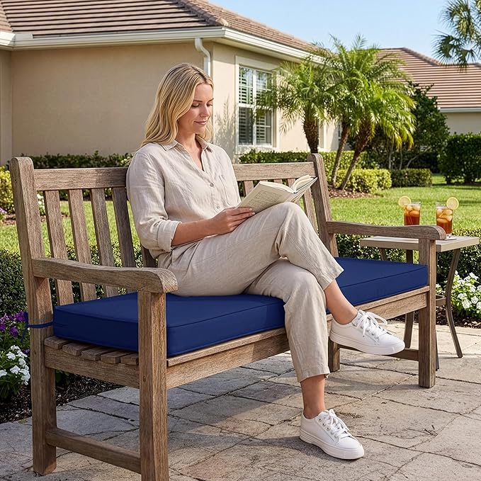 Summsun Outdoor Bench Cushion: Waterproof and Fade Resistant Patio Furniture Cushions - Non-Slip Bench Pad Cushion with Removable Cover for Garden Swing Porch Sofa Settee, 48 x 18 x 3 Inch, Navy Blue